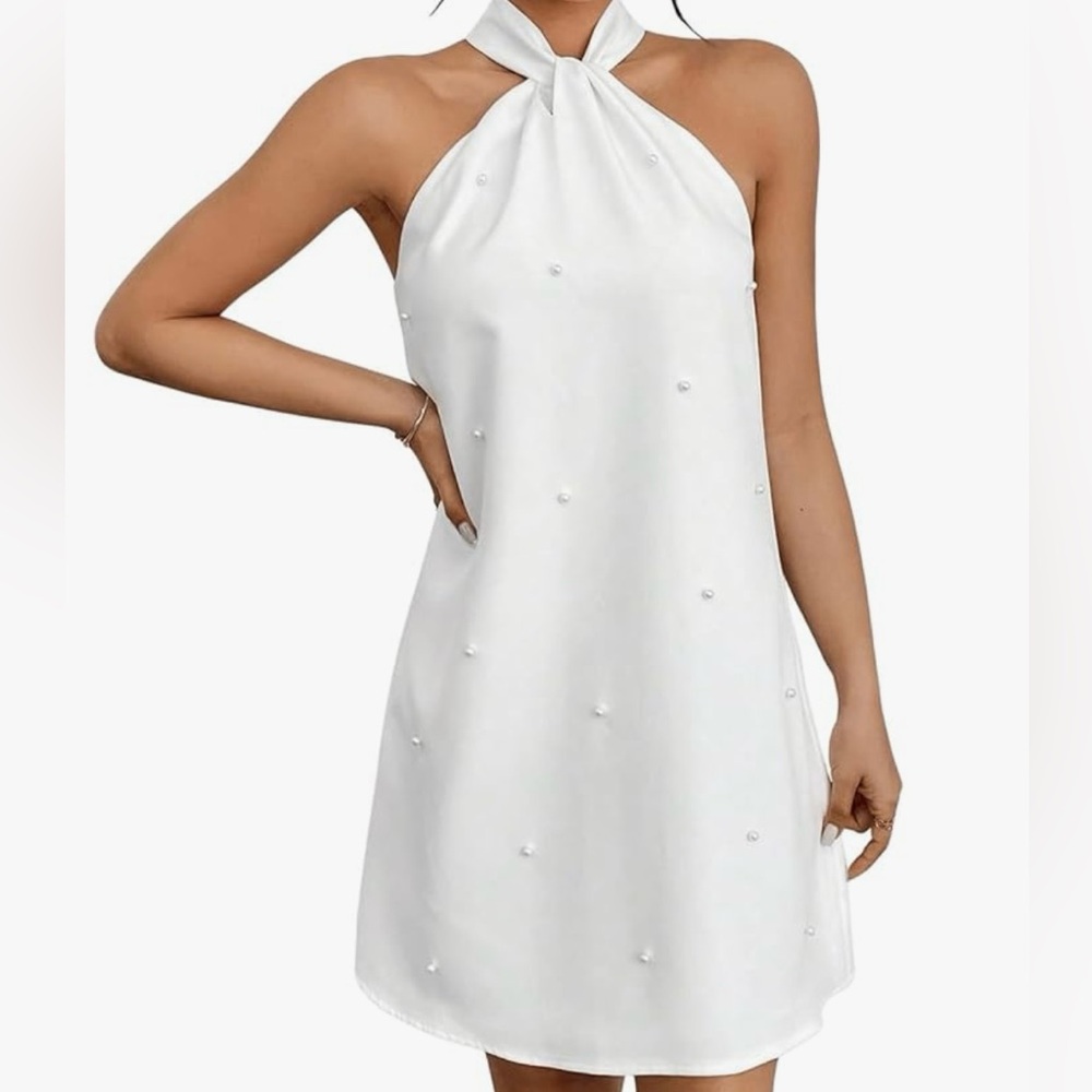 New Elegant Pearl-Studded Halter Neck White Mini Dress
